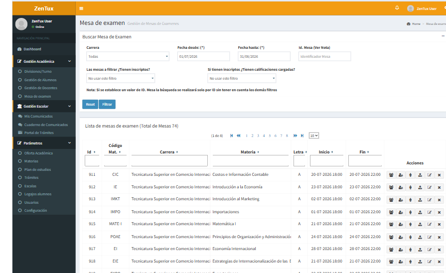 ZenAcademic: gestión de mesas de examen